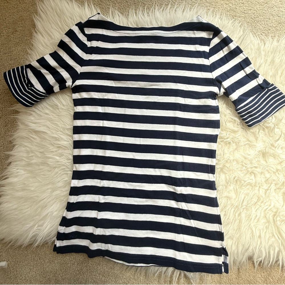 Lauren Ralph Lauren Navy & White Striped Cotton Blouse Size M